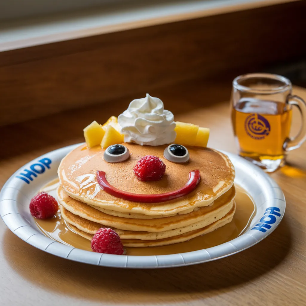 Funny Face Pancakes from IHOP kids eat free menu served with fruit and whipped cream