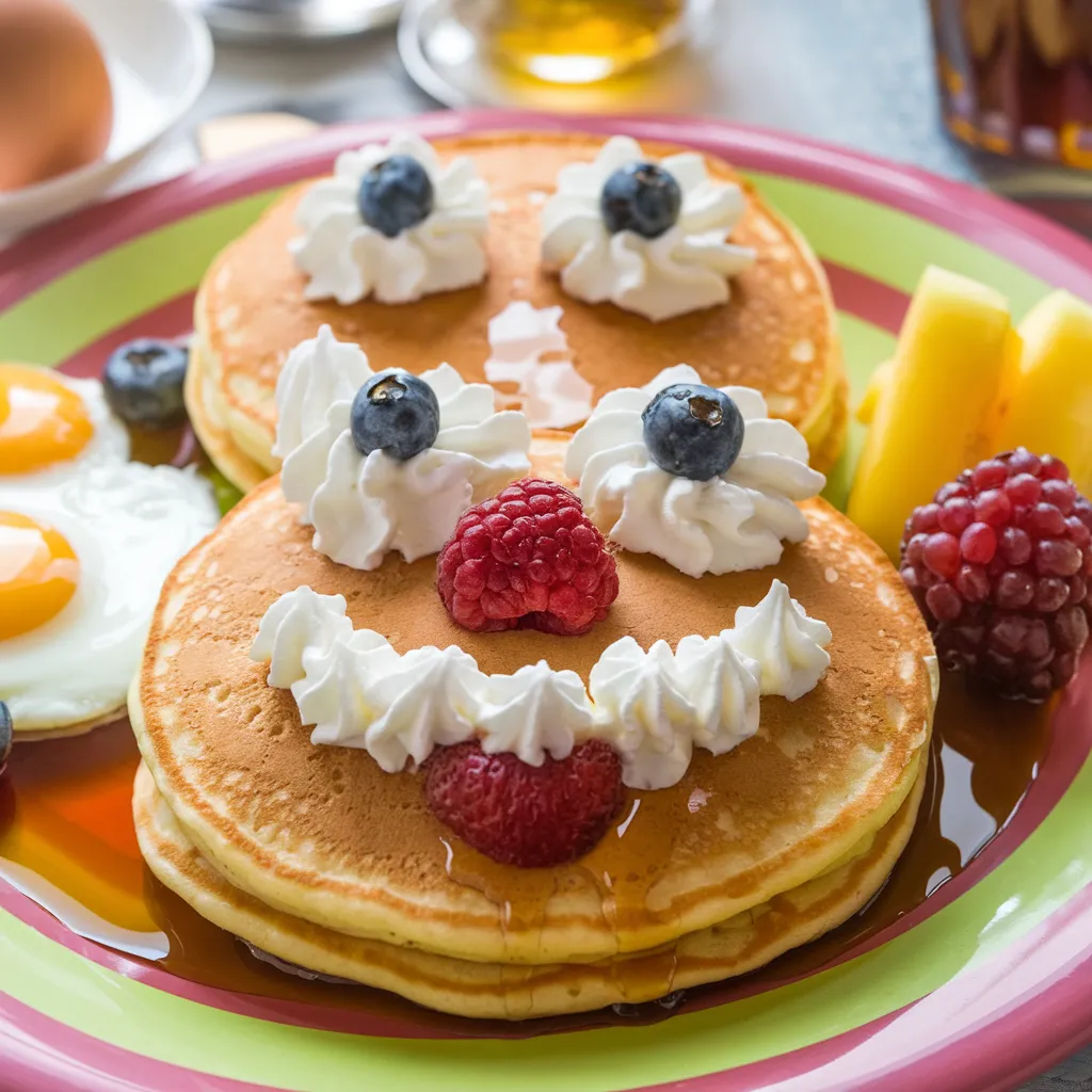 Kids Menu 3 Smiley face pancakes with fruits