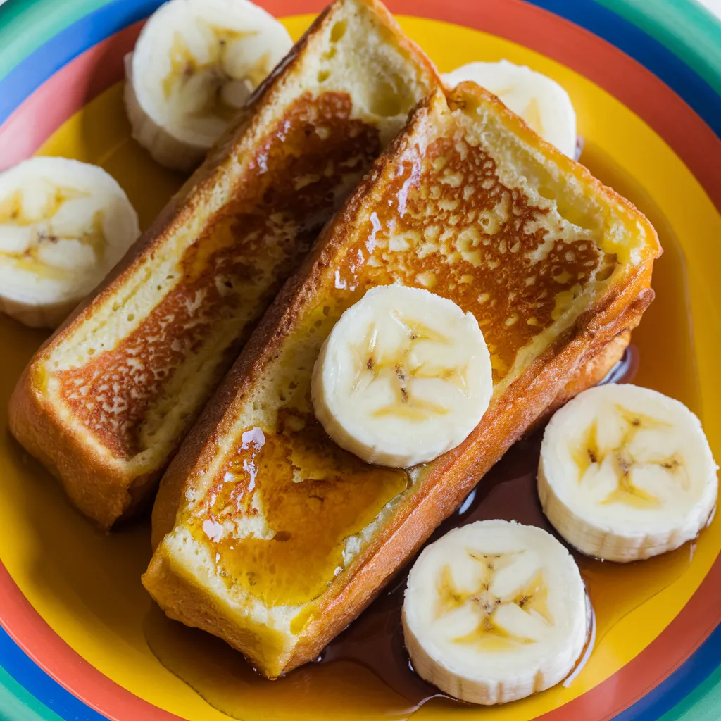Kids Menu 4 French toast with banana slices and syrup