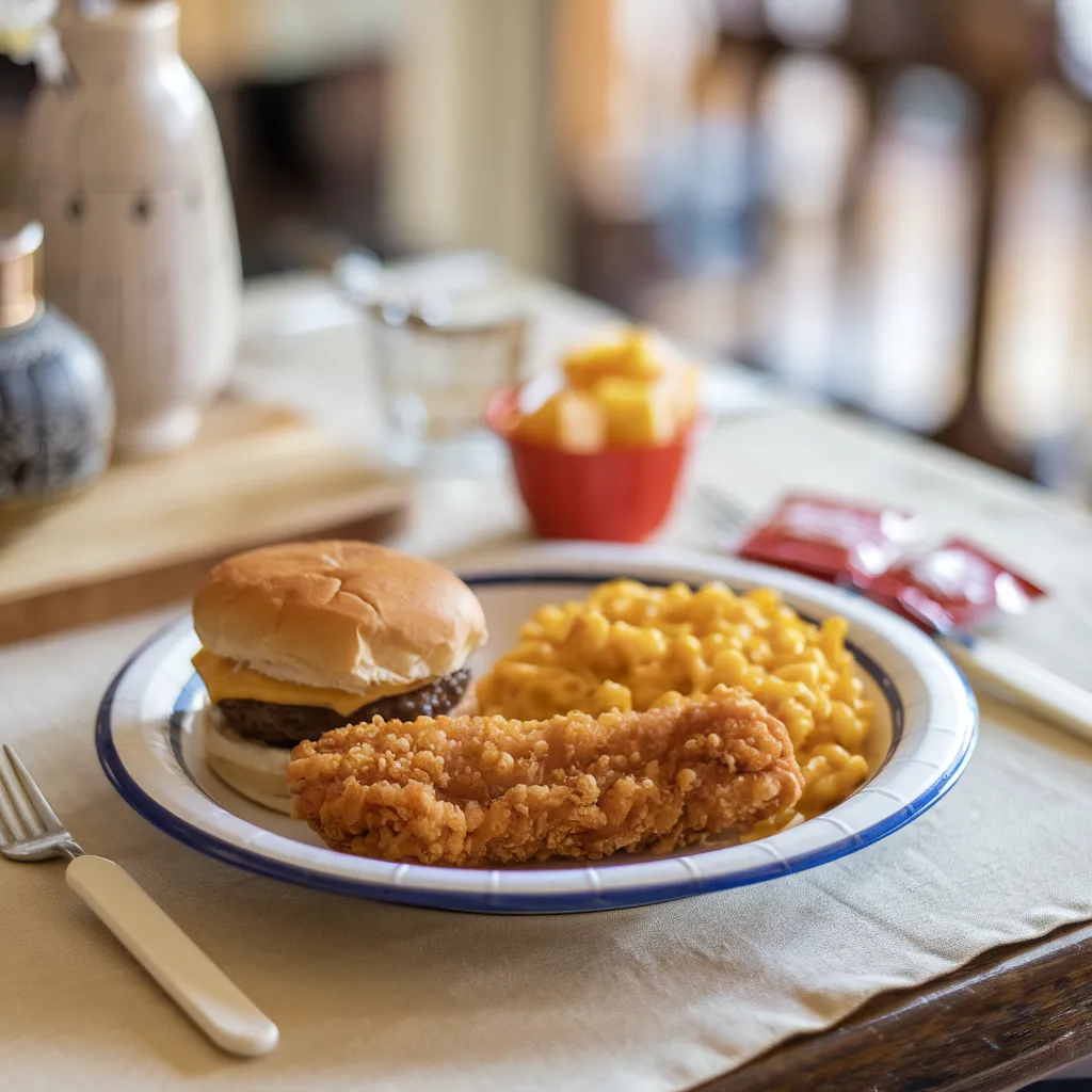 Kids Menu 5 Plate with chicken, burger, and mac.