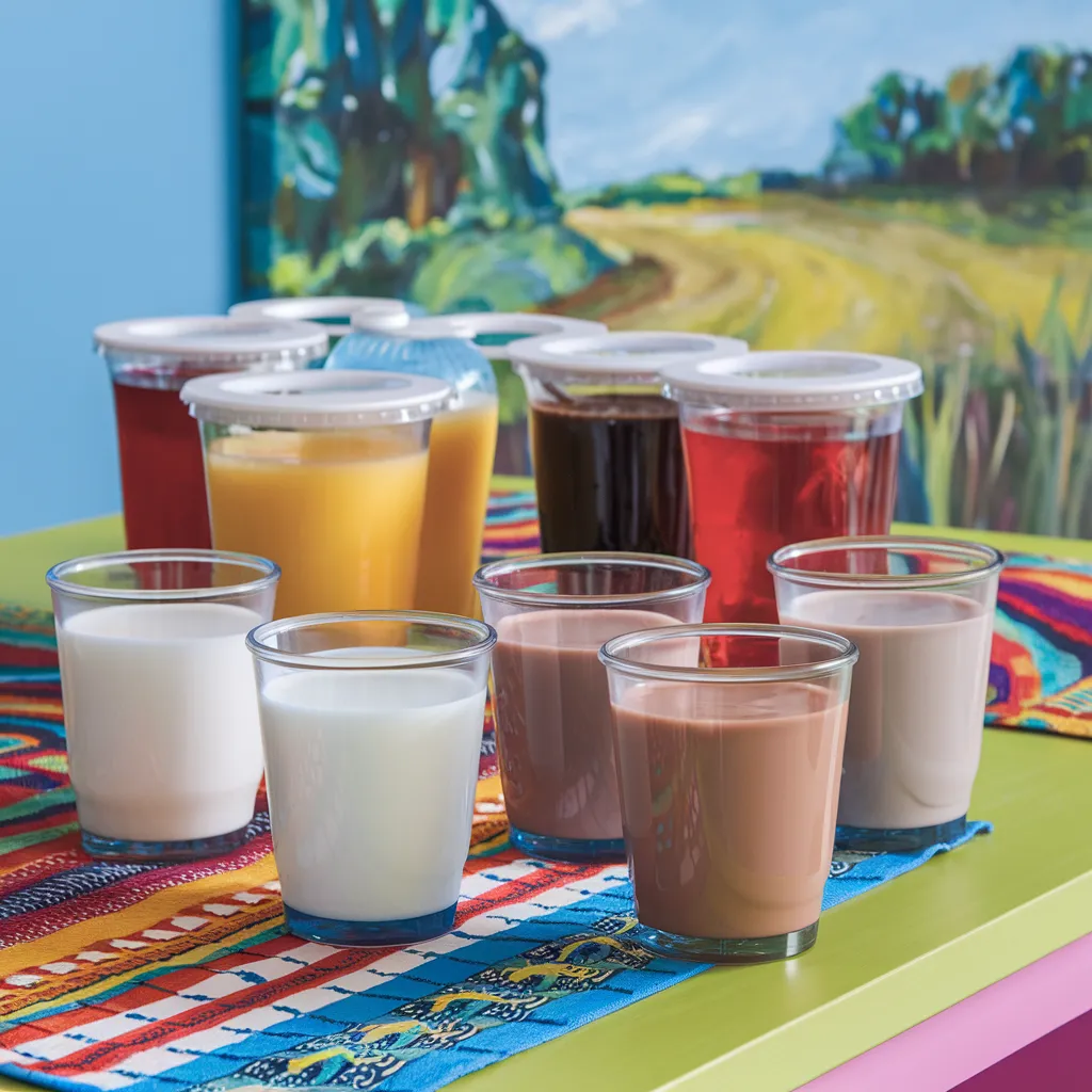 Kids Menu 14 Small kid-sized cups of juices and milk and chocolate milk served for kids