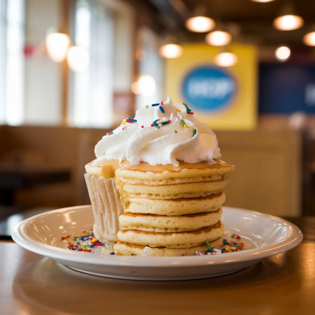 Jr. Cupcake Pancake from IHOP kids eat free menu with sprinkles