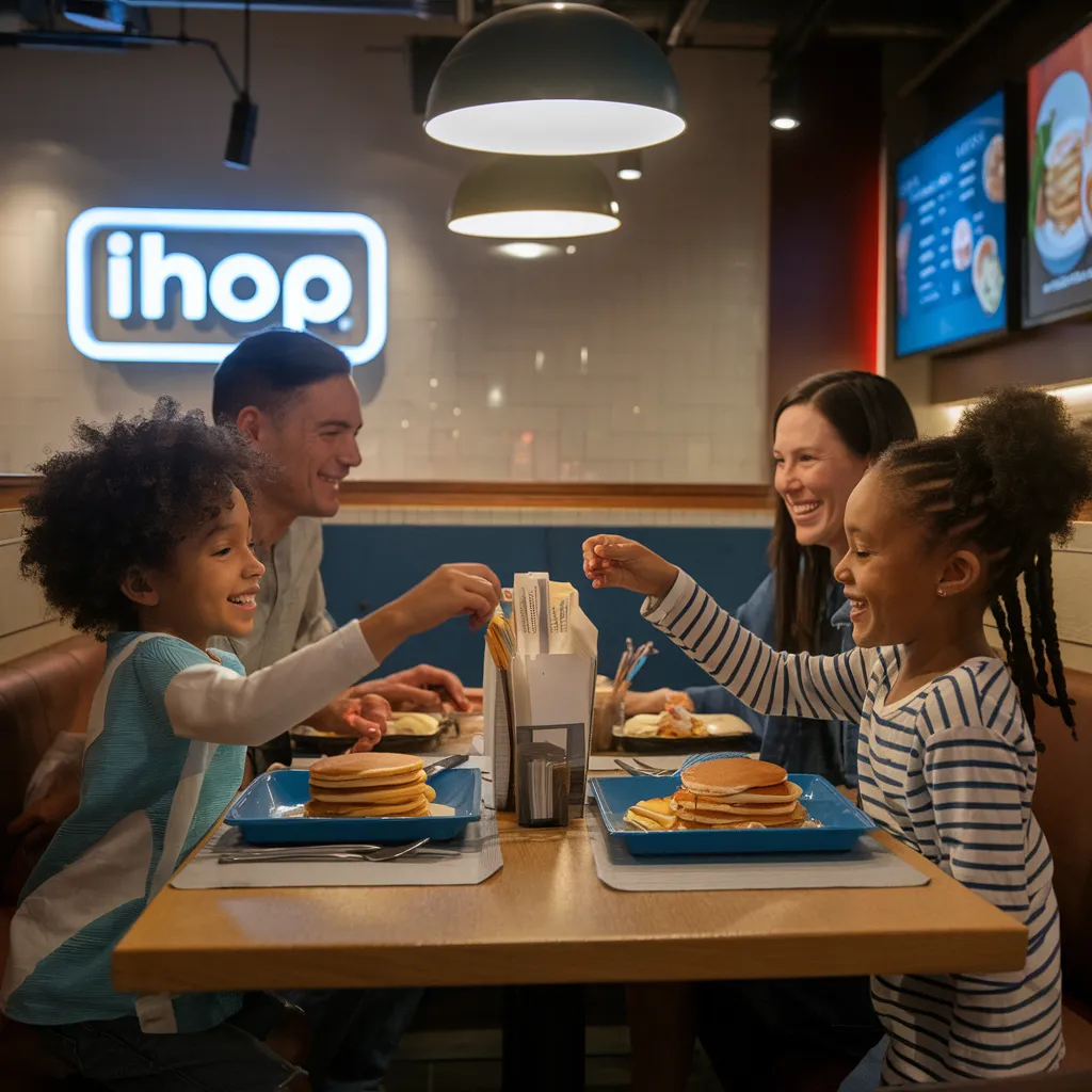 Family enjoying lunch and dinner at IHOP with kids eat free offer
