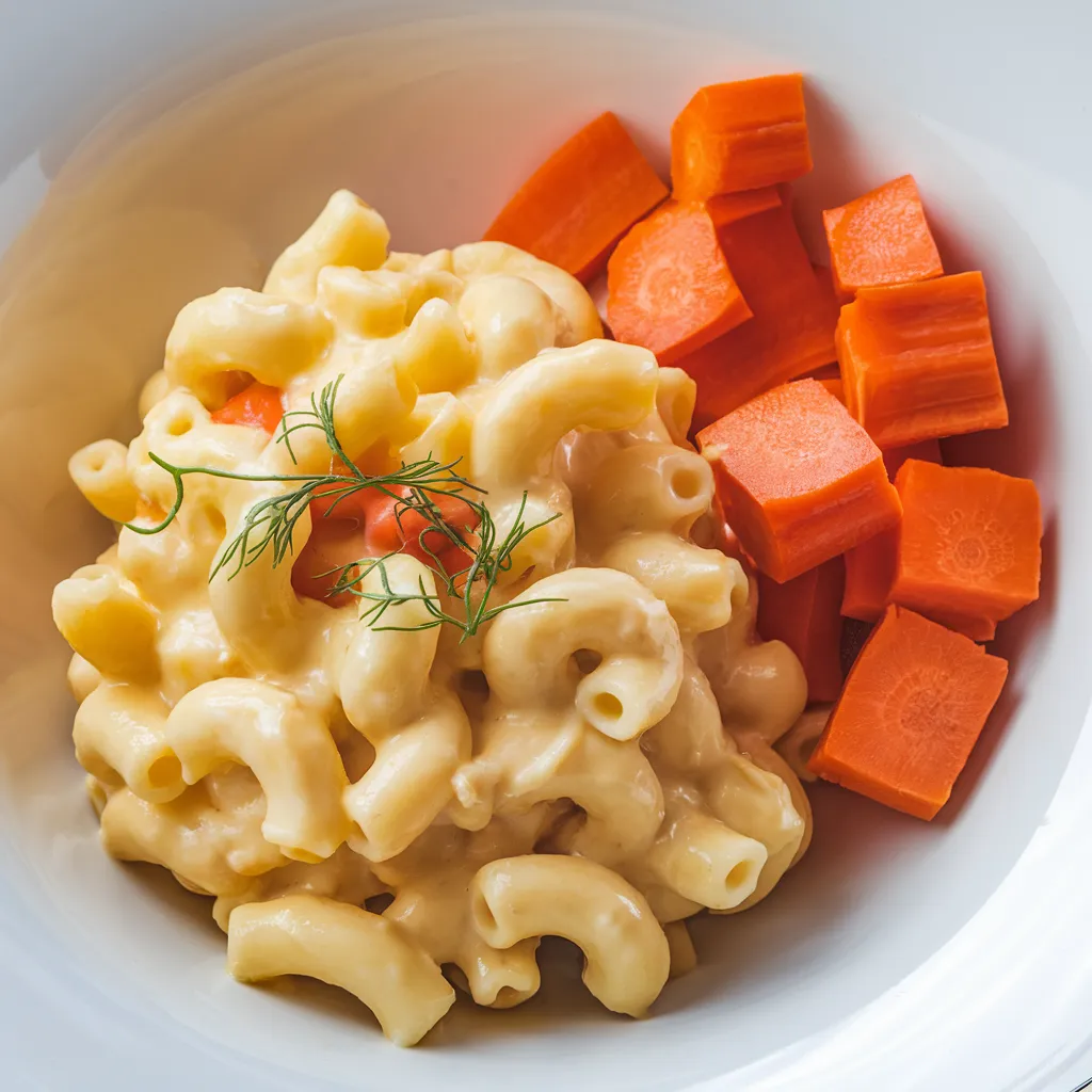 Kids Menu 7 Creamy macaroni with diced carrots.