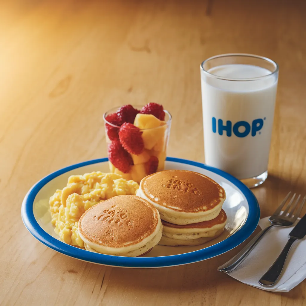 Kids Menu 23 IHOP kids combo meal with pancakes and drink