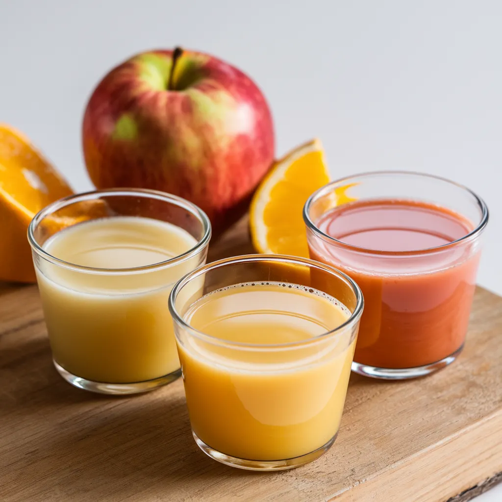 Kids Menu 15 Apple juice and orange juice served in small cups for kids