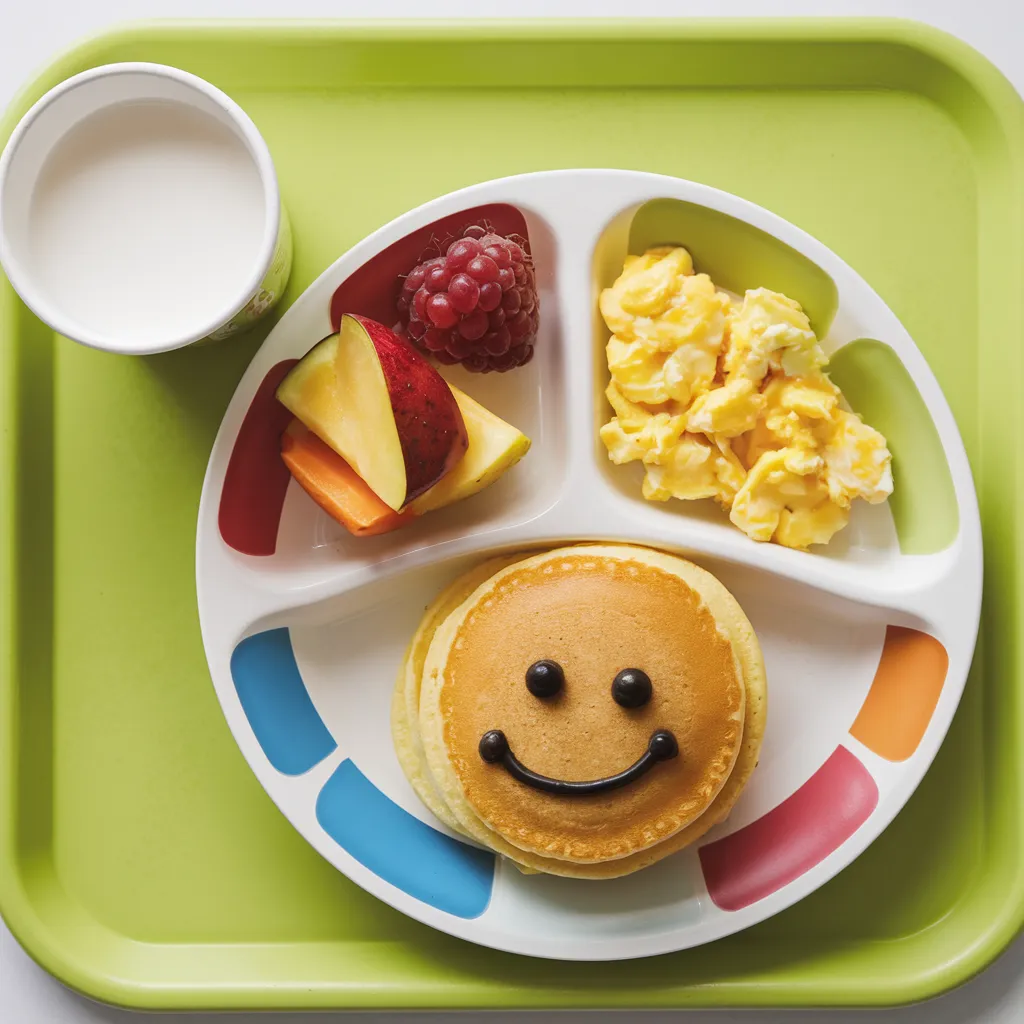 Kids Menu 10 Colorful breakfast tray with smiley pancake