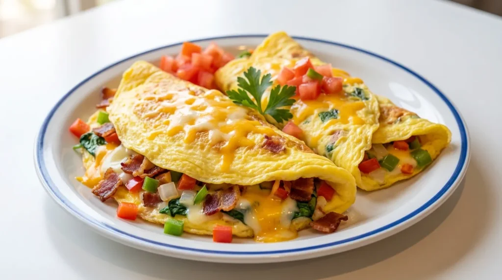 IHOP Omelettes Menu 1 IHOP omelettes hero image with classic eggs, cheese, vegetables, and bacon on a platter
